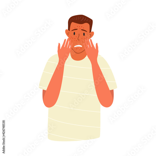 Flat vector cartoon illustration of a young sad boy with skin problems covering her face with her hands. Red rashes, pimples on the face. White background.