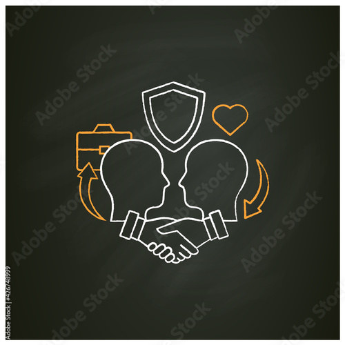 Building trust chalk icon. Trusting relationships. Friendly atmosphere. Successfully handles, resolves issues sensibly, fairly. Isolated vector illustration on chalkboard