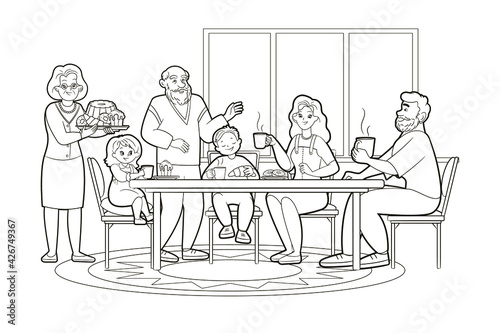 Coloring book, big family drinking tea at a large table near the window.Vector illustration black and white line art