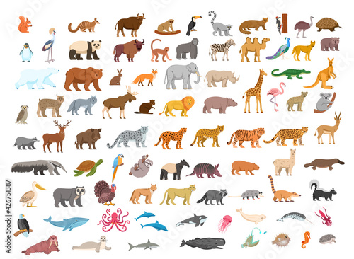 Fototapeta Naklejka Na Ścianę i Meble -  Set of forest animals bear, fox, wolf, elk, deer, hare, beaver, hedgehog, squirrel, wild boar.Flat cartoon illustration for kids.