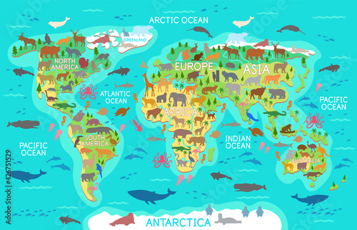 The vector world map with flat cartoon wild animals for kids.South America,Asia,Europe,North America,Africa,Australia,Atlantic Ocean,Indian Ocean,Pacific Ocean,Arctic Ocean with different animals. © NADEZHDA