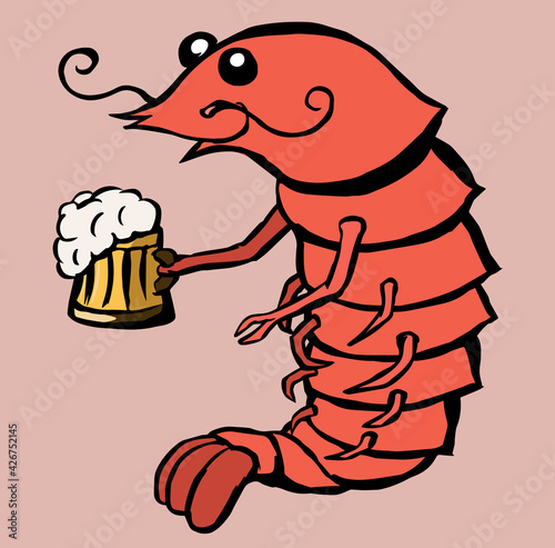 Smiling red moustached shrimp with beer mug.