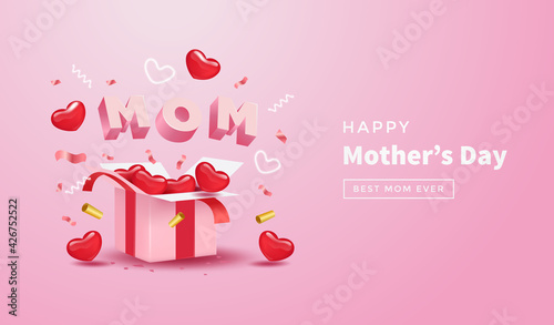 Mother's day with surprise gift box , realistic red heart, confetti and cute 3d mom letter on pink background