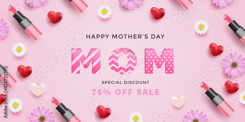 Mother's day with realistic red hearts, flowers, lipsticks and mom letter with pattern on pink background