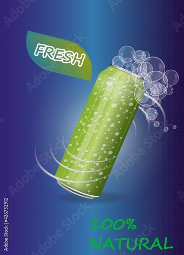 Template for Drink package design, Aluminum can of green color, Ice drink metallic can. Realistic Vector illustration