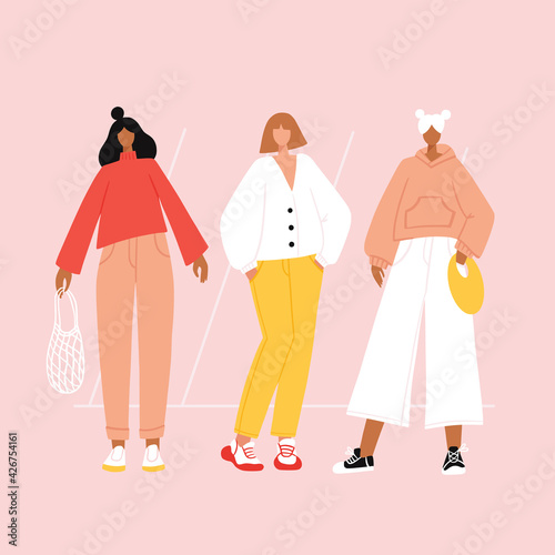 Group of diverse modern women wearing trendy clothes. Casual stylish street fashion outfits. Girl power concept. Hand drawn characters colorful vector illustration.