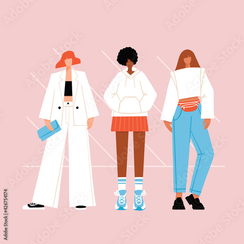 Set of diverse modern women wearing trendy clothes. Casual stylish street fashion outfits. Girl power concept. Hand drawn characters colorful vector illustration.