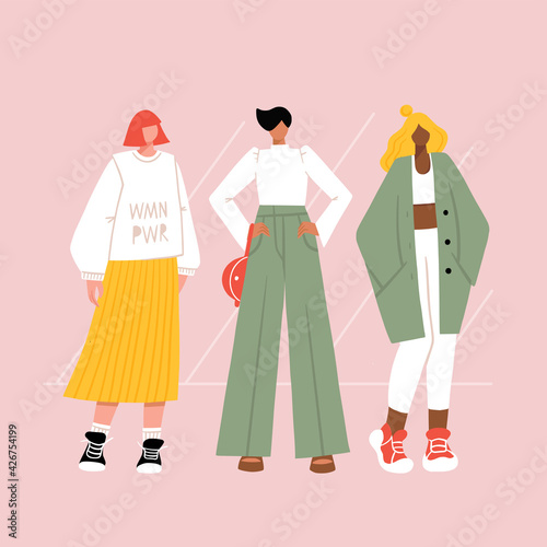Collection of diverse modern women wearing trendy clothes. Casual stylish street fashion outfits. Girl power concept. Hand drawn characters colorful vector illustration.