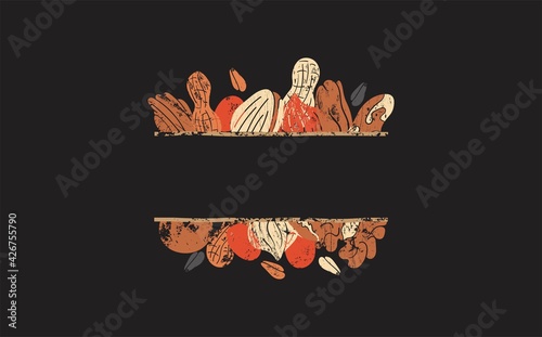Vector isolated Frame with Place for Text and Various Nuts and Grains around it. Can be yused for advertising and promotion as element for Background, template, border, backdrop, label, banner, flyer.