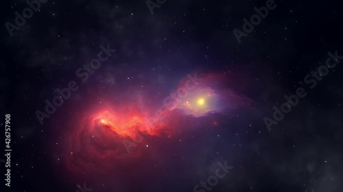 Space flight through dense nebula. Space travel. 3D animation