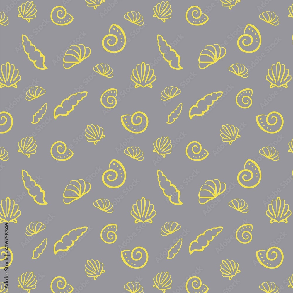 Seashells line art drawn in a seamless pattern design for kids apparel, textile, or interiors with grey and illuminating yellow Seashells line art drawn in a seamless pattern design for kids apparel, textile, or interiors with grey and illuminating yellow