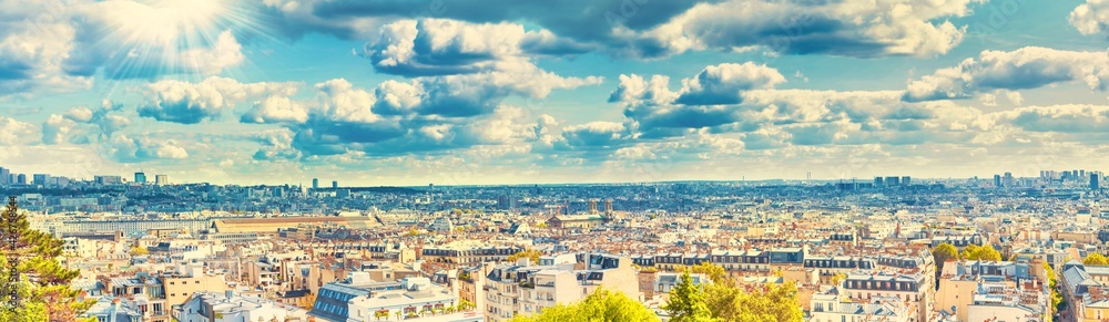 Panorama city of Paris from Montmartre. Beautiful travel Paris cityscape, high resolution