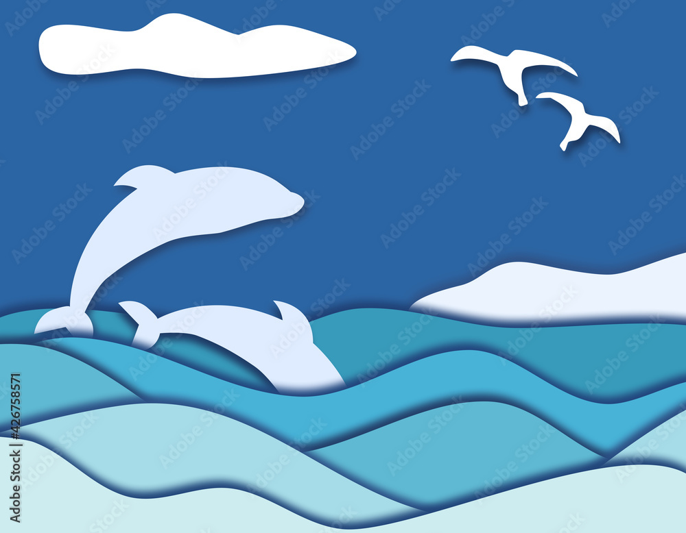 Blue Paper cut nature water background with waves and dolphins