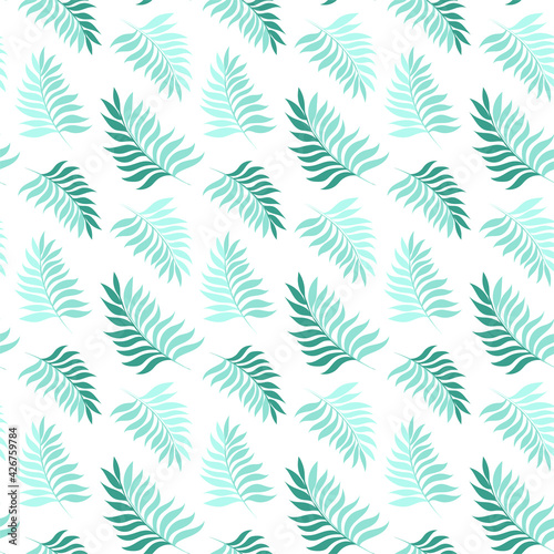 Vector tropical palm leaves seamless pattern. Flat summer illustration. Green and white background.