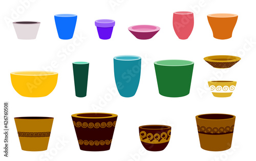 Set of flowerpots meander ornament and rainbow colors transparent background