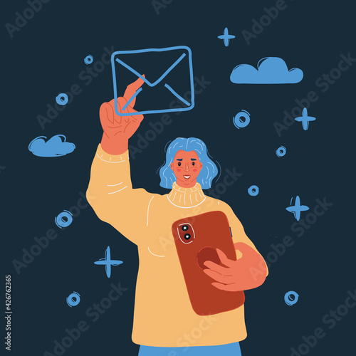 Illustration of Woman sending emails at ninght. photo