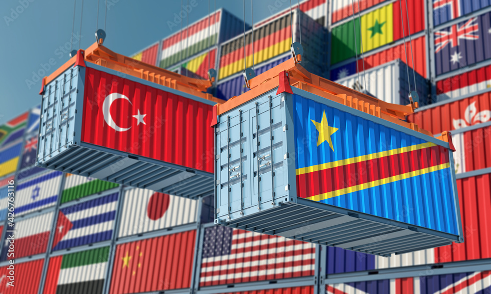 Freight containers with Democratic Republic of the Kongo and Turkey national flags. 3D Rendering 