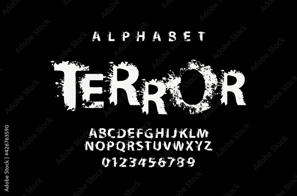 TERROR lettering in abstract letters with spots. Grunge-style splash Alphabet, vector set of white alphabet letters and numbers on a black background. Creative font for headline, poster, label, logo
