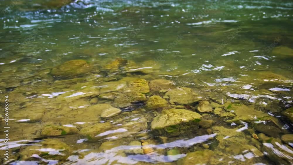 Mountain river bank and bottom. 4k video with sound Mountain river bank and bottom. 4k video with sound