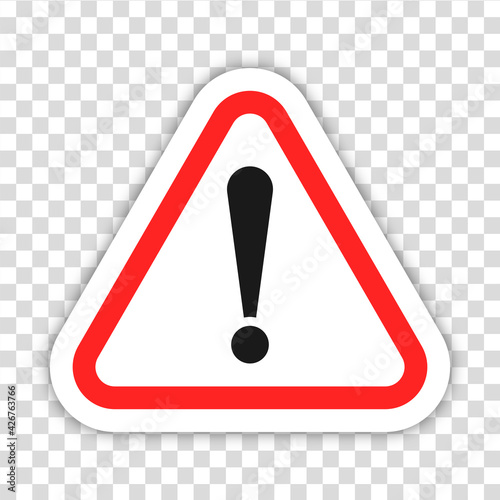 Danger icon, Caution symbol, Exclamation sign. Isolated exclam risk triangle on transparent background. Colored warning alert concept design. Vector illustration to PNG.