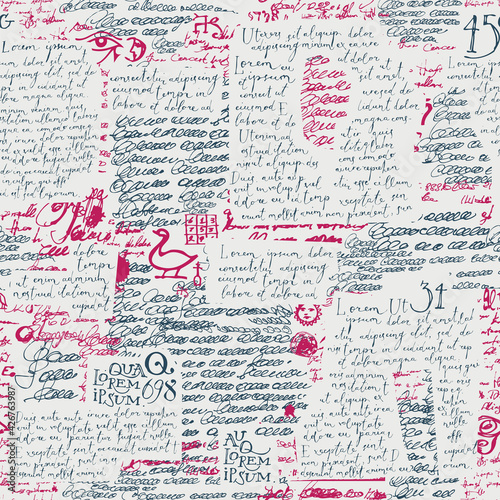 Abstract seamless pattern with collage of illagible scribles and fragments of handwritten Lorem Ipsum text on an a light backdrop. Vector background in retro style. Wallpaper, wrapping paper, fabric
