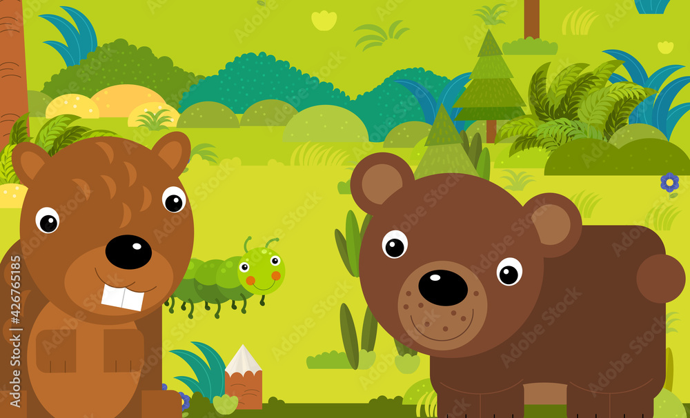 cartoon scene with different european animals in the forest cartoon scene with different european animals in the forest