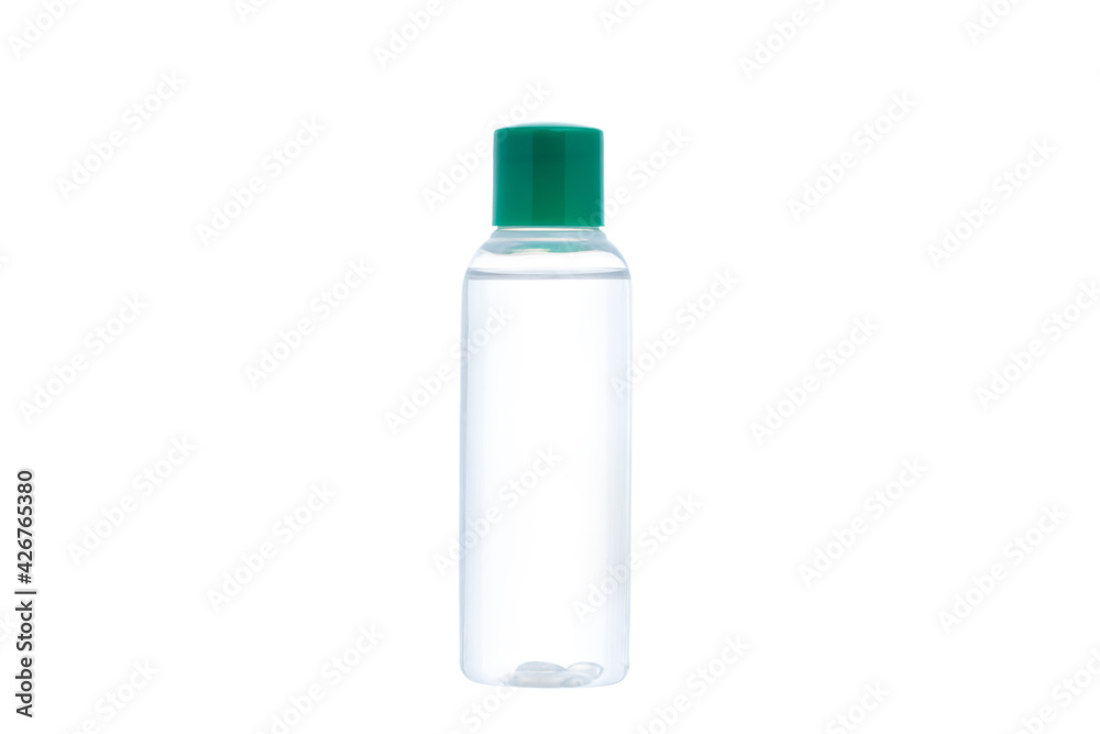 Transparent plastic bottle on a white background.
