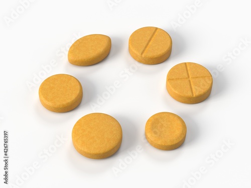circular shaped pills. 3d illustration isolated on white. suitable for medicine, healthcare and bodybuilding supplement themes