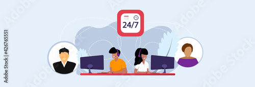 The girl and the guy sitting at the computer, accept orders on the Internet. Online global technical support service 24/7. 