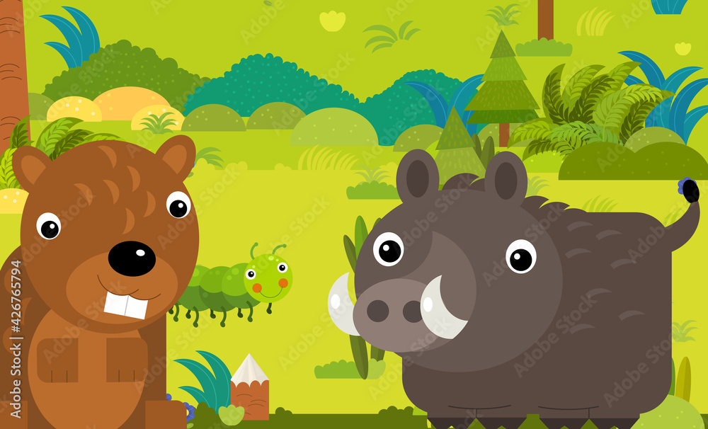 cartoon scene with different european animals in the forest cartoon scene with different european animals in the forest