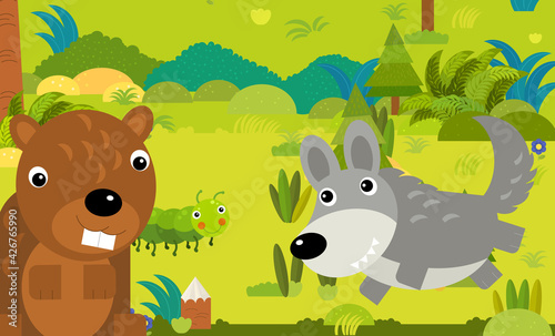 cartoon scene with different european animals in the forest