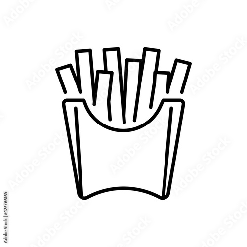 French fries in paper cup thin line icon isolated on white. Potato finger chips in disposable packing.