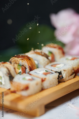 Sushi Rolls on the board beautiful view 