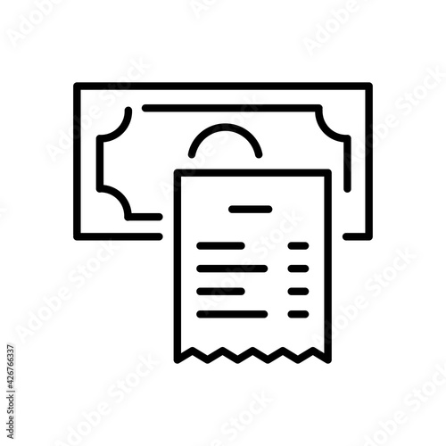 Till receipt and banknote thin line icon isolated on white. Shopping bill, money, purchase price.
