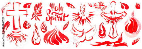 Pentecost, Descent of the Holy Spirit, Holy Trinity Day. Set of watercolor elements: Holy Spirit in the form of a dove, cross, christian symbols. For Christian publications, church magazines