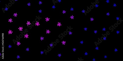 Dark pink, blue vector background with covid-19 symbols.