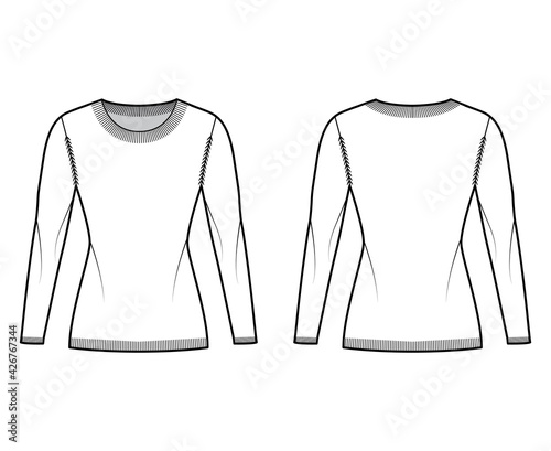 Round neck Sweater technical fashion illustration with long sleeves, fitted body, hip length, knit rib trim. Flat jumper apparel front, back, white color style. Women men unisex CAD mockup