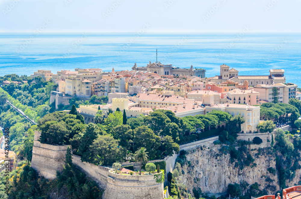 View of the rock and the village of monaco and monte carlo in the south of France