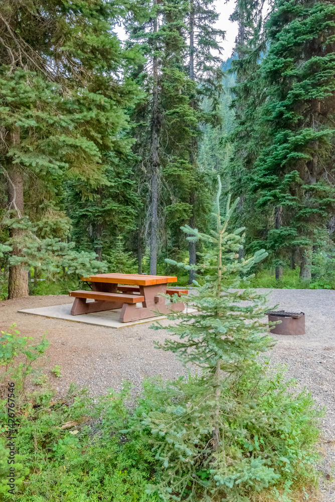 A picnic table in Manning Park, British Columbia, Canada.