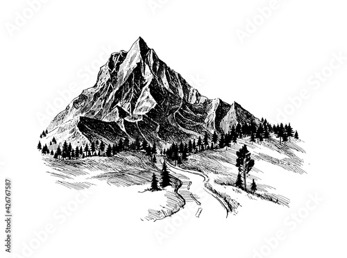Mountain with pine trees and landscape black on white background. Hand drawn rocky peaks in sketch style. Vector illustration.