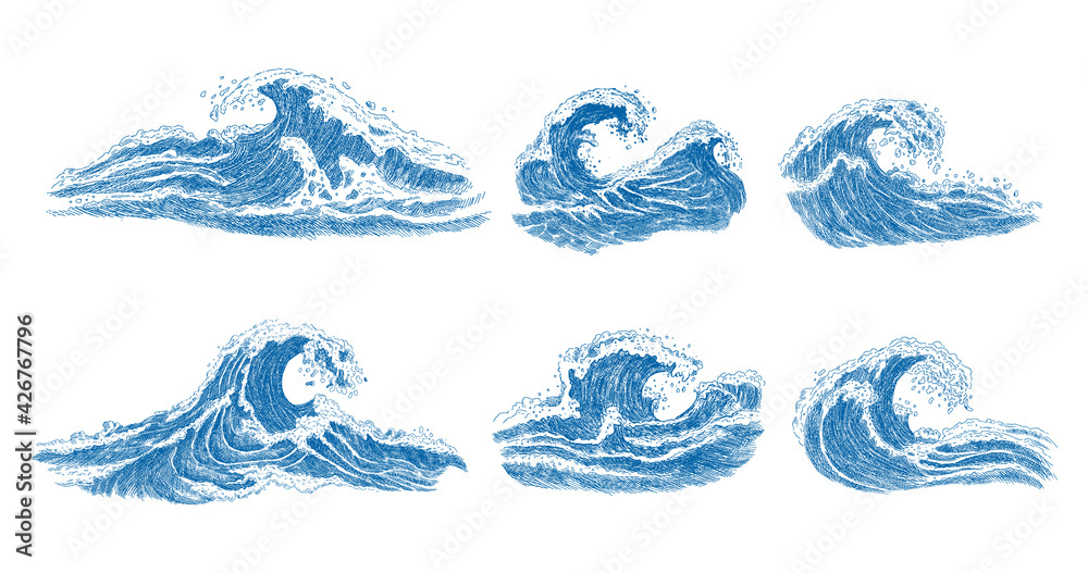 Sea Wave Sketch Vintage Hand Drawn Ocean Tidal Storm Waves Isolated On White Background For