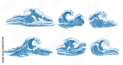 Sea wave sketch. Vintage hand drawn ocean tidal storm waves isolated on white background for surfing and seascape.	