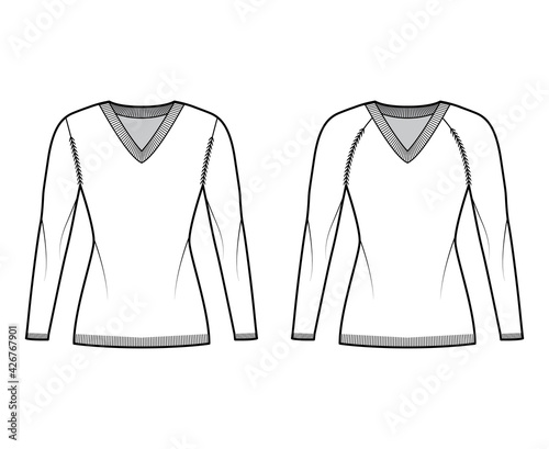 Set of V-neck Sweaters technical fashion illustration with long raglan sleeves, slim fit, thigh length, knit rib trim. Flat jumper apparel front, white color style. Women, men unisex CAD mockup