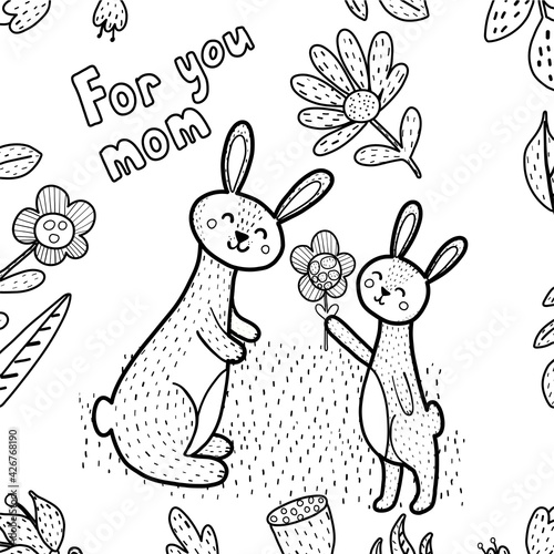 For you mom coloring page with cute rabbits - mommy and baby. Black and white print for mothers day activity. Funny greeting card. Vector illustration