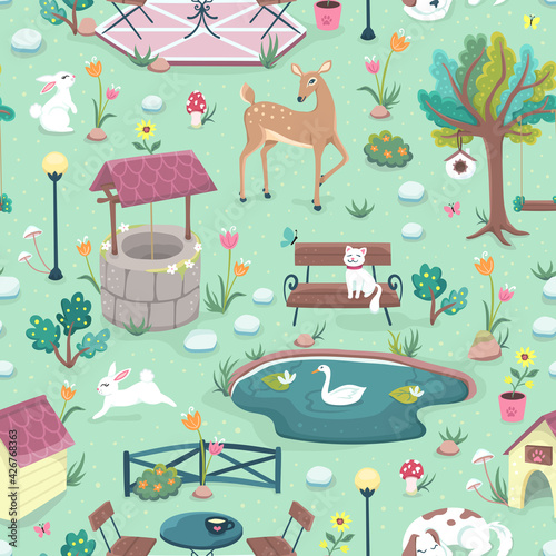 Happy little white bunnies, a cat, a dog, a deer in a colorful flower field in a park with a pond on a green background. Seamless surface repeat vector pattern.