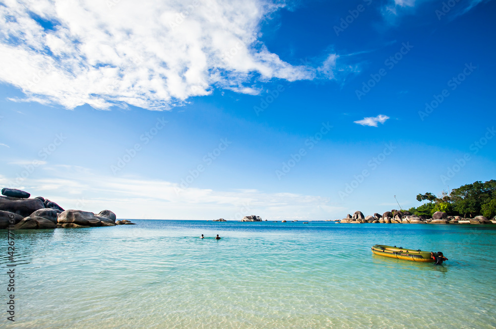 Beautiful seascape with big rock formation of Tanjung Tinggi Beach in Belitung, Indonesia. Beautiful seascape with big rock formation of Tanjung Tinggi Beach in Belitung, Indonesia.