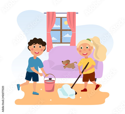 Kids doing housework chores at home