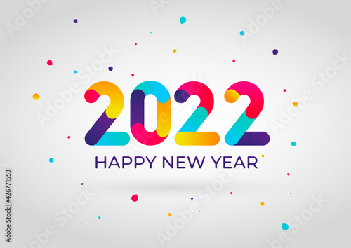 2022 New Year numbers with gradient color. 2022 Happy New Year logo text design. Vector number design template. Greeting card template. Christmas symbols for your design. Illustration with labels.