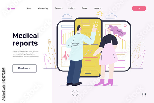 Medical reports application - medical insurance illustration. Flat vector