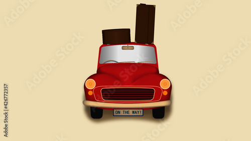 Vector illustration of a red retro car with a brown suitcase and a hatbox on the roof and with an inscription on the sign "on the way!"